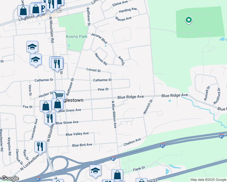 map of restaurants, bars, coffee shops, grocery stores, and more near 6301 Pine Street in Linglestown