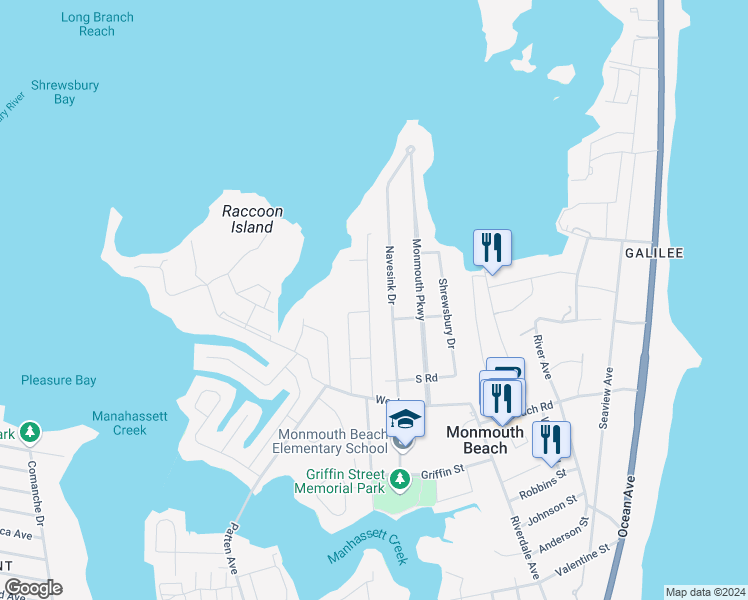 map of restaurants, bars, coffee shops, grocery stores, and more near 27 Columbus Drive in Monmouth Beach