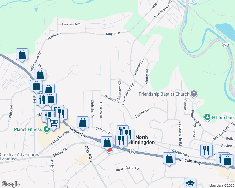 map of restaurants, bars, coffee shops, grocery stores, and more near 440 Meadow Rd in Irwin