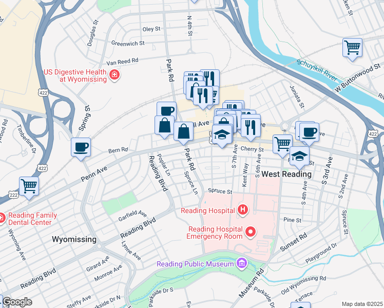 map of restaurants, bars, coffee shops, grocery stores, and more near 19 Park Road in Reading