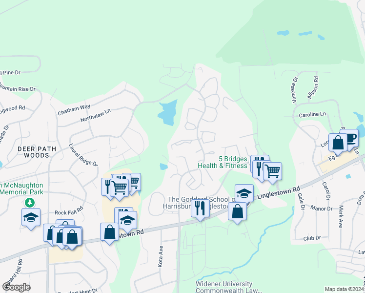 map of restaurants, bars, coffee shops, grocery stores, and more near 226 Timber View Drive in Harrisburg