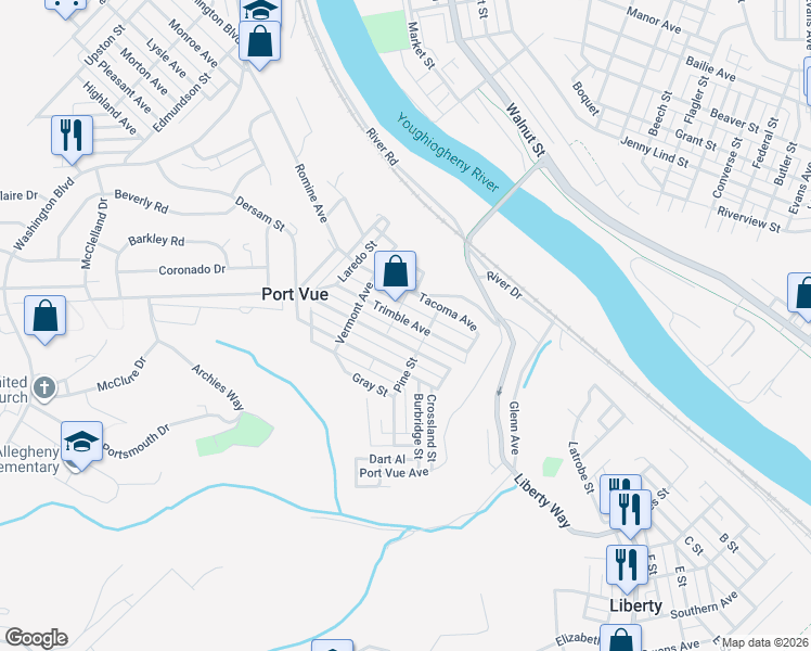 map of restaurants, bars, coffee shops, grocery stores, and more near 1800 Trimble Avenue in McKeesport