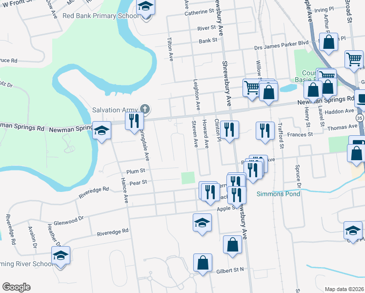 map of restaurants, bars, coffee shops, grocery stores, and more near 56 William Street in Tinton Falls