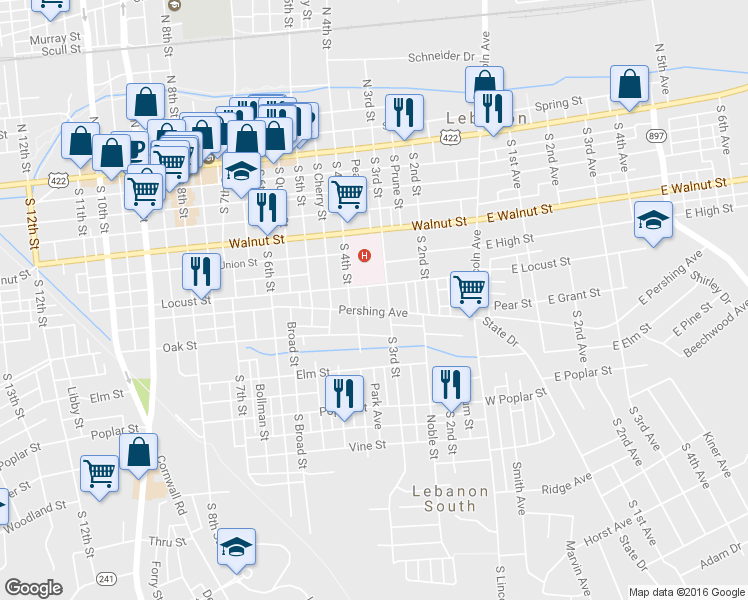 map of restaurants, bars, coffee shops, grocery stores, and more near 310 Park Avenue in Lebanon