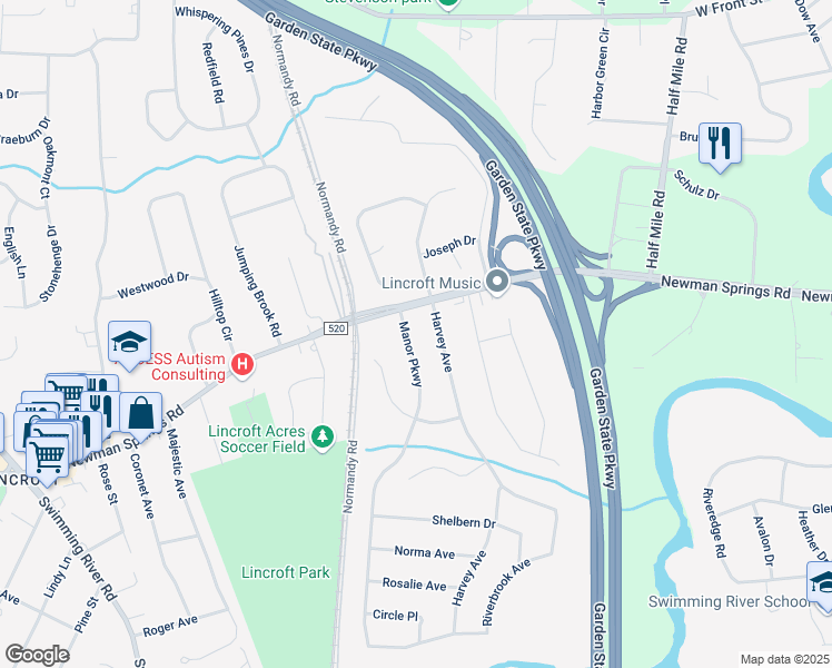 map of restaurants, bars, coffee shops, grocery stores, and more near 21 Manor Parkway in Middletown
