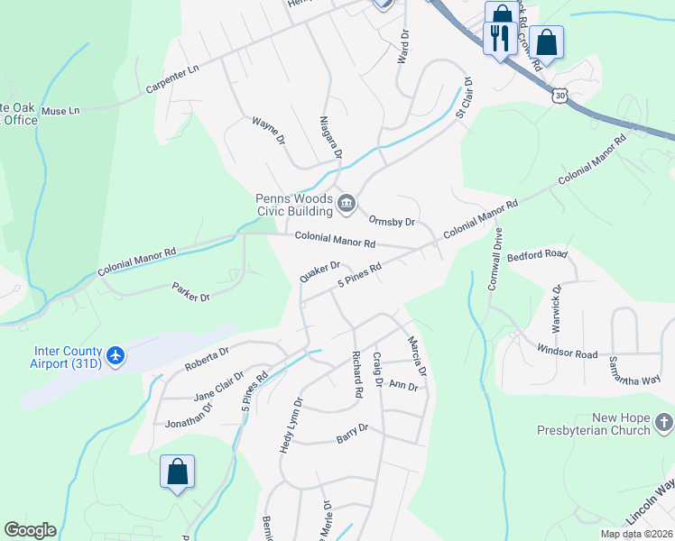 map of restaurants, bars, coffee shops, grocery stores, and more near 835 Quaker Drive in Irwin
