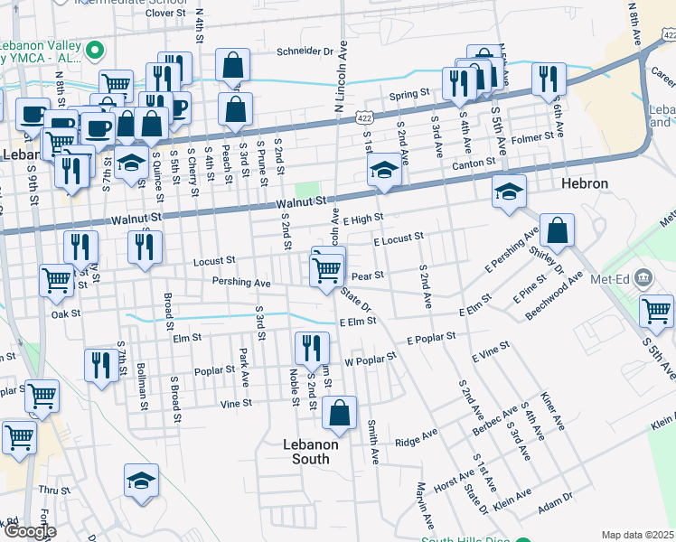 map of restaurants, bars, coffee shops, grocery stores, and more near 406 South Lincoln Avenue in Lebanon