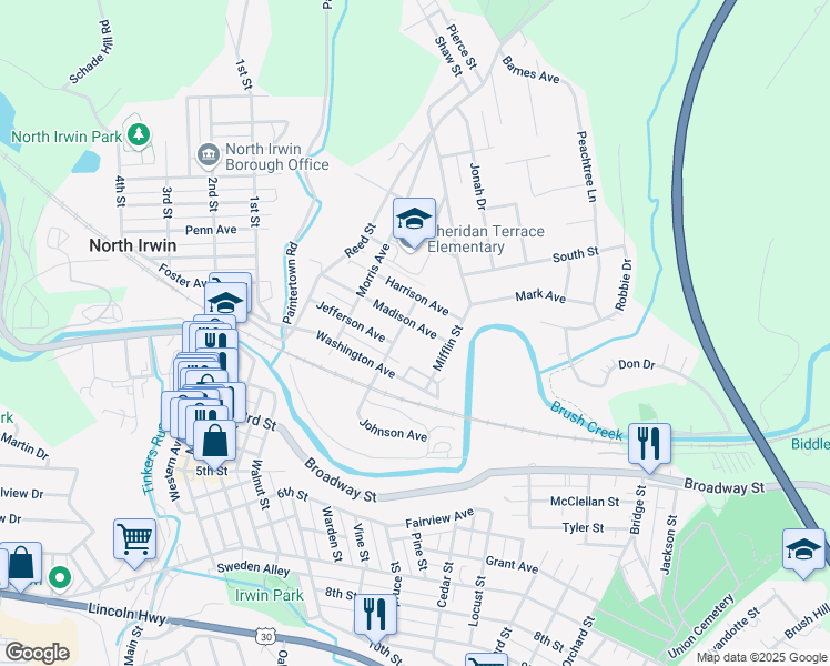 map of restaurants, bars, coffee shops, grocery stores, and more near 10230 Madison Ave in Irwin
