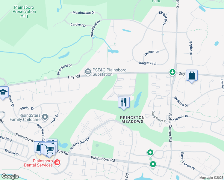 map of restaurants, bars, coffee shops, grocery stores, and more near 1124 Pheasant Hollow Drive in Plainsboro Township