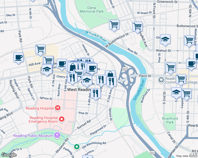 map of restaurants, bars, coffee shops, grocery stores, and more near 326 Penn Avenue in West Reading