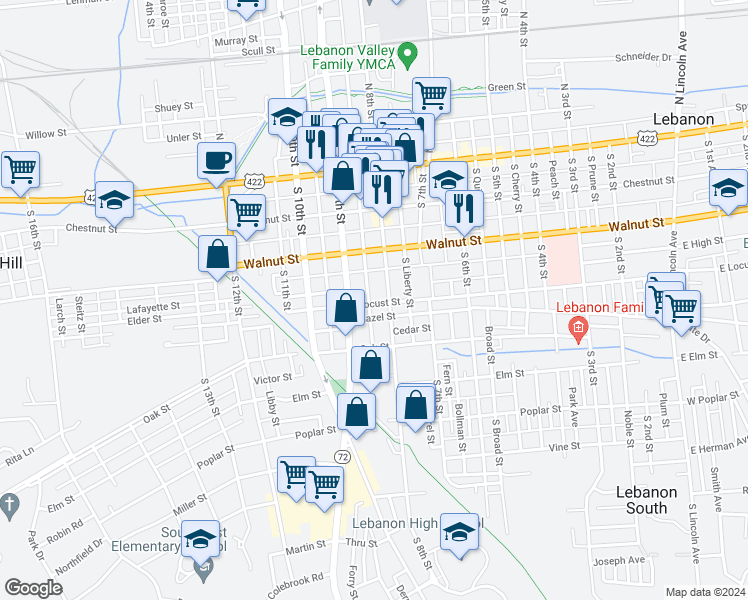 map of restaurants, bars, coffee shops, grocery stores, and more near 815 Locust Street in Lebanon