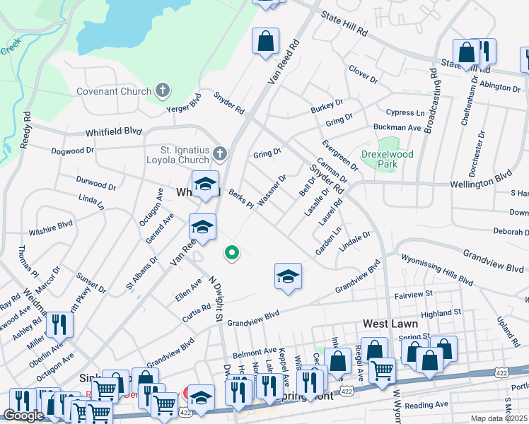 map of restaurants, bars, coffee shops, grocery stores, and more near 707 Berks Place in Reading