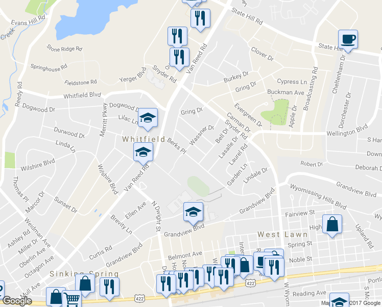 map of restaurants, bars, coffee shops, grocery stores, and more near 707 Berks Place in Reading