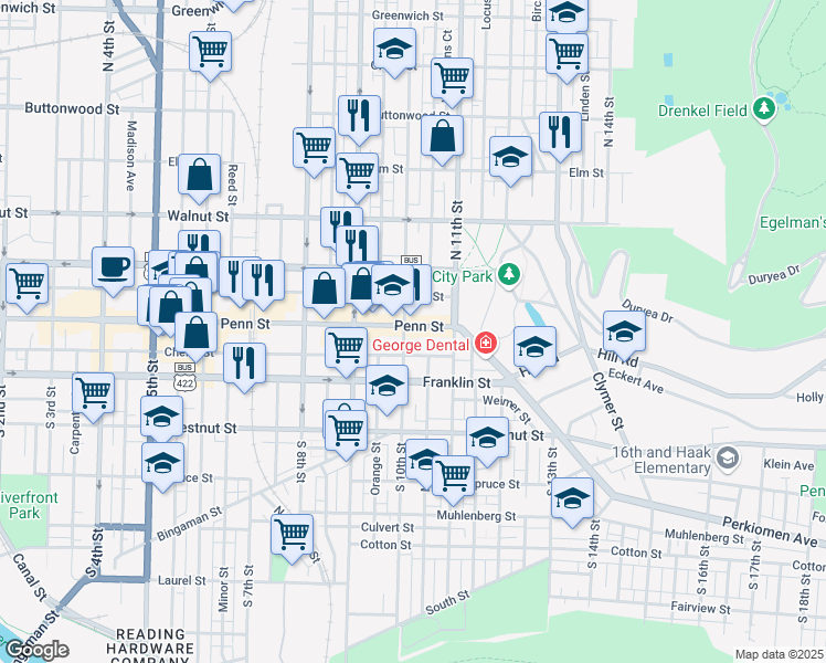 map of restaurants, bars, coffee shops, grocery stores, and more near 1000 Penn Street in Reading