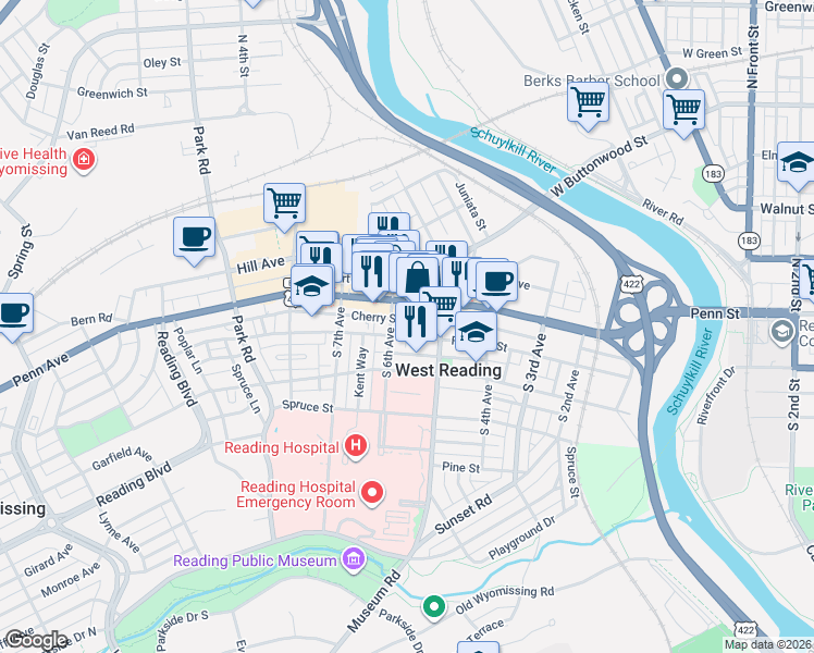 map of restaurants, bars, coffee shops, grocery stores, and more near 541 Franklin Street in West Reading