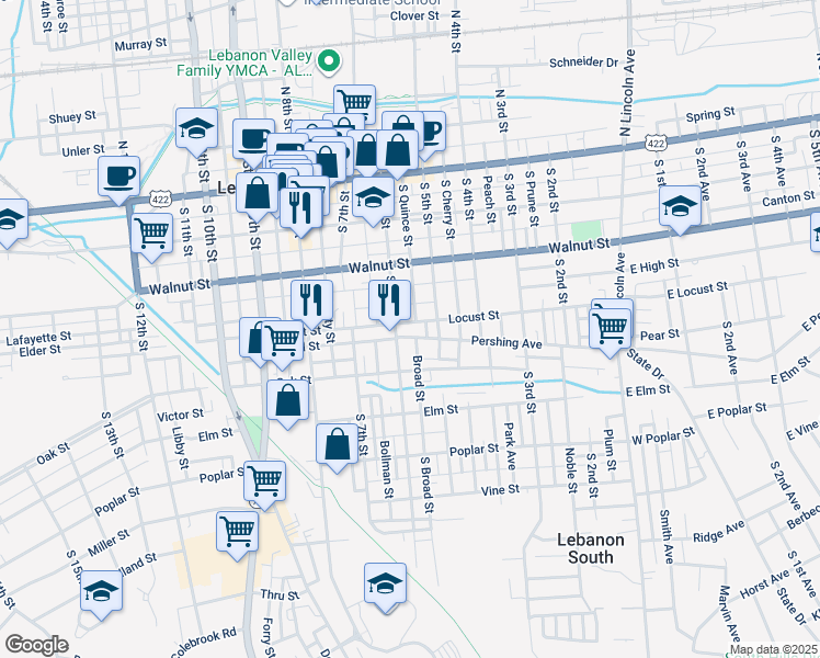 map of restaurants, bars, coffee shops, grocery stores, and more near 304 South 6th Street in Lebanon