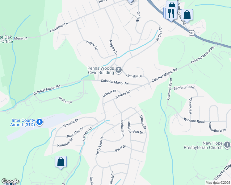 map of restaurants, bars, coffee shops, grocery stores, and more near 835 Quaker Drive in Irwin