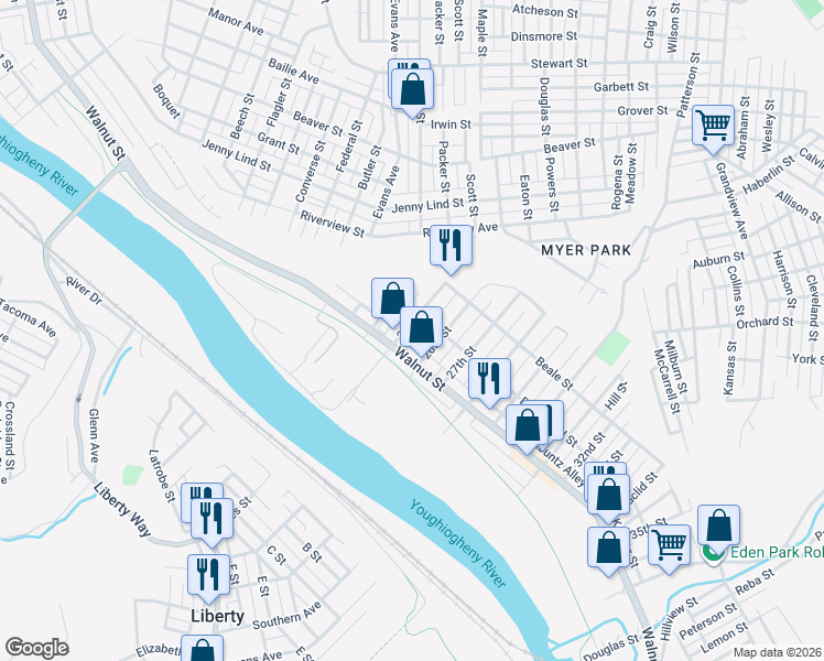 map of restaurants, bars, coffee shops, grocery stores, and more near 325 26th Street in McKeesport
