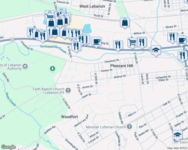 map of restaurants, bars, coffee shops, grocery stores, and more near 207 S 20th St in Lebanon