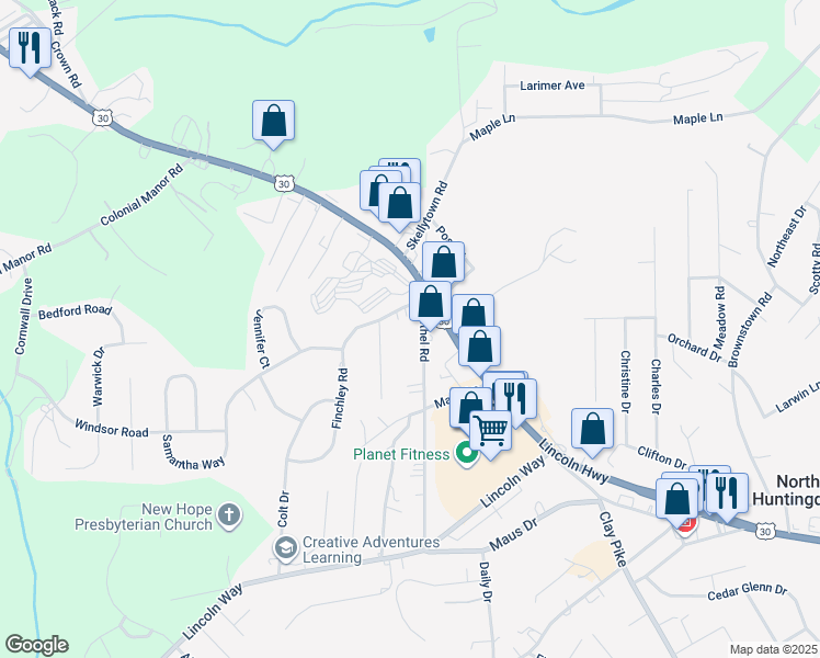 map of restaurants, bars, coffee shops, grocery stores, and more near 30 Bethel Road in Irwin