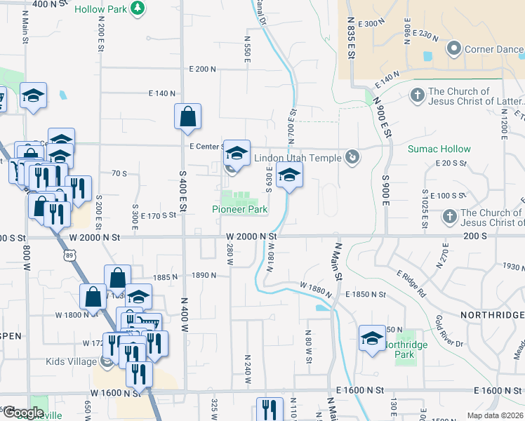 map of restaurants, bars, coffee shops, grocery stores, and more near 142 South 630 East in Lindon