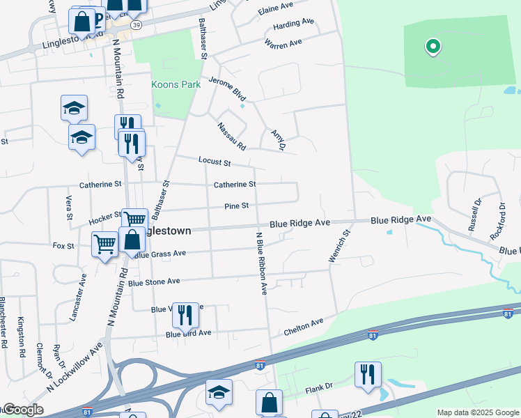 map of restaurants, bars, coffee shops, grocery stores, and more near 6301 Pine Street in Linglestown