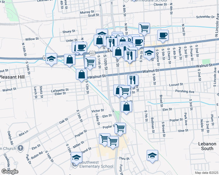 map of restaurants, bars, coffee shops, grocery stores, and more near 252 South 10th Street in Lebanon