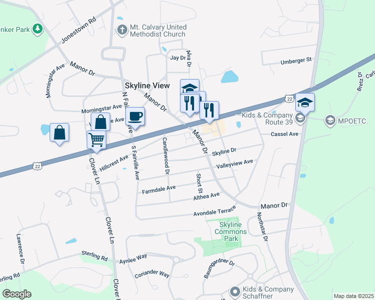 map of restaurants, bars, coffee shops, grocery stores, and more near 7753 Sunset Dr in Harrisburg