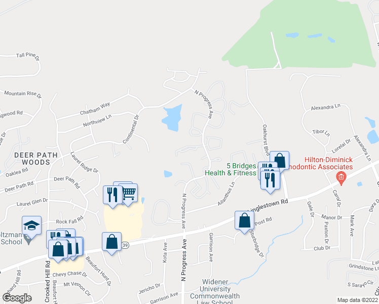 map of restaurants, bars, coffee shops, grocery stores, and more near 222 Timber View Drive in Harrisburg