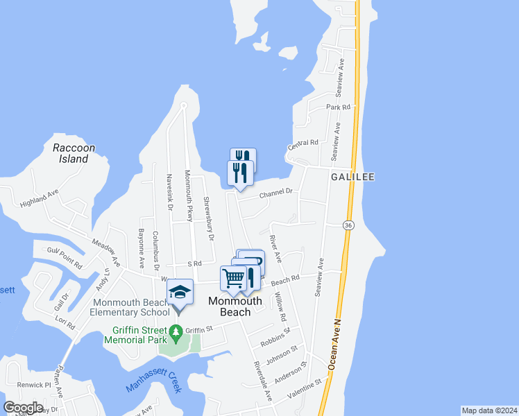 map of restaurants, bars, coffee shops, grocery stores, and more near 1 Channel Drive in Monmouth Beach