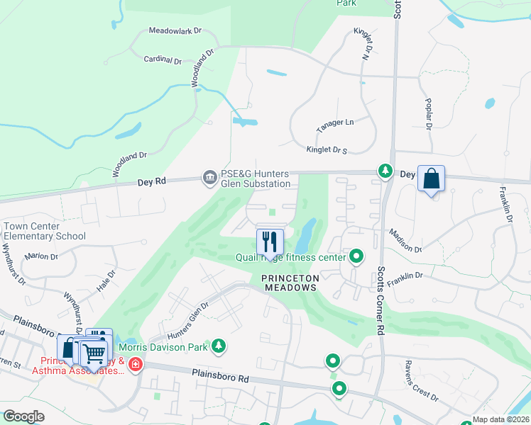 map of restaurants, bars, coffee shops, grocery stores, and more near 801 Pheasant Hollow Drive in Plainsboro Township