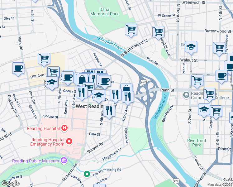 map of restaurants, bars, coffee shops, grocery stores, and more near 300 U.S. 422 Business in West Reading