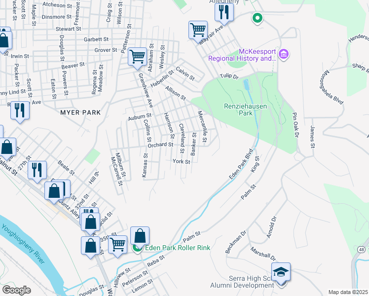 map of restaurants, bars, coffee shops, grocery stores, and more near 2603 Cleveland Street in McKeesport