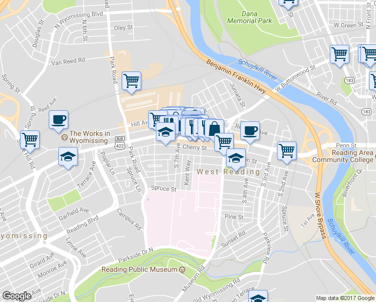 map of restaurants, bars, coffee shops, grocery stores, and more near 627 Franklin Street in West Reading