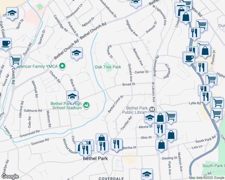 map of restaurants, bars, coffee shops, grocery stores, and more near 2661 Broad St in Bethel Park
