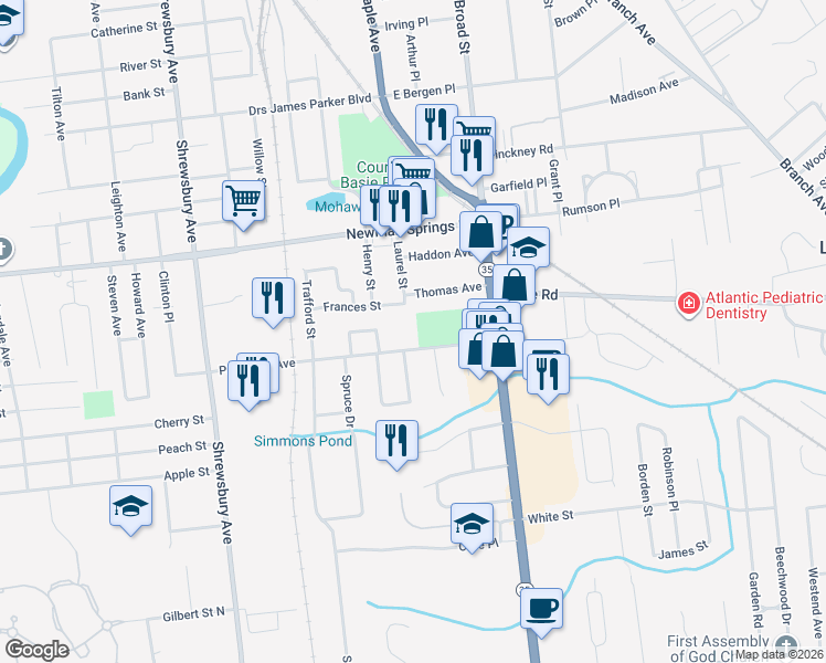 map of restaurants, bars, coffee shops, grocery stores, and more near 65 Patterson Avenue in Shrewsbury