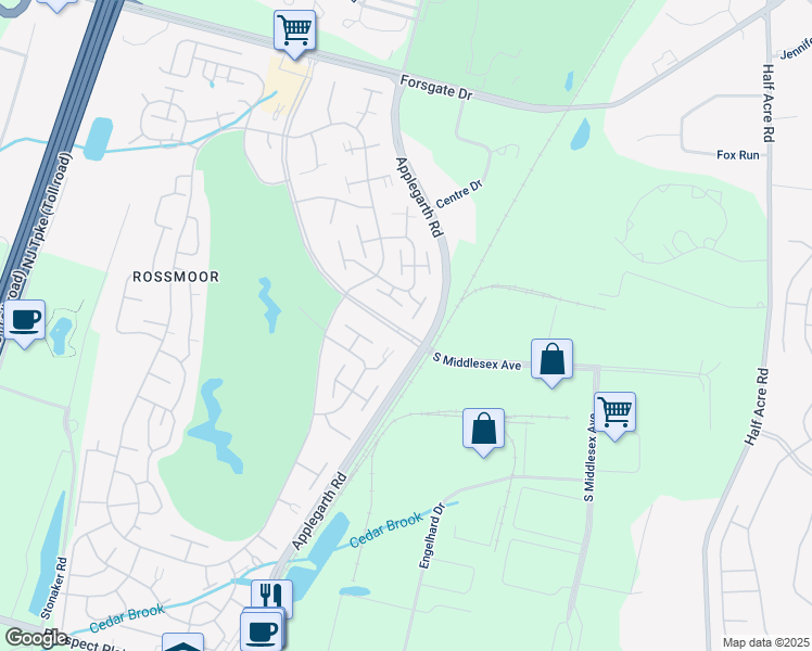 map of restaurants, bars, coffee shops, grocery stores, and more near 172C Rossmoor Drive in Monroe Township