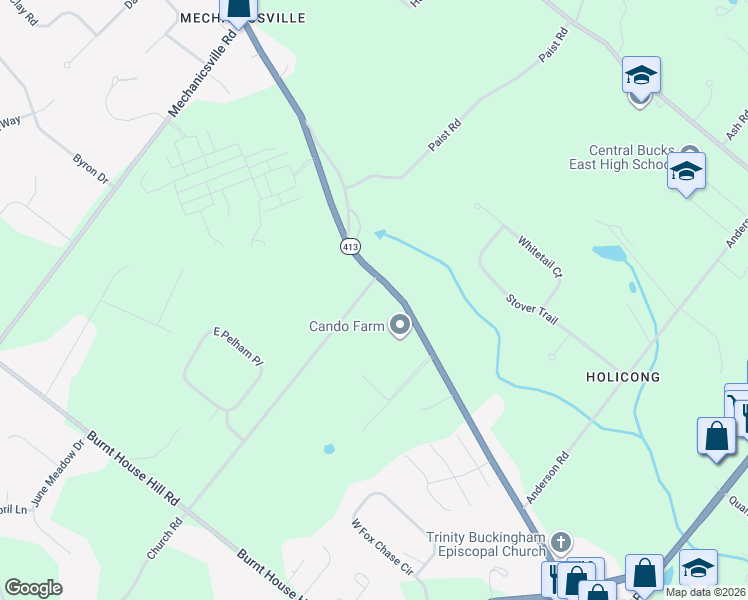 map of restaurants, bars, coffee shops, grocery stores, and more near 4875 Church Road in Buckingham