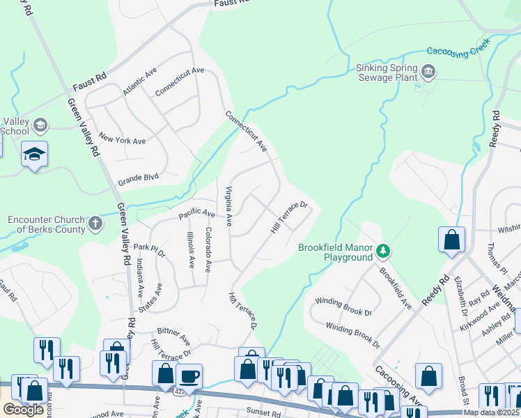 map of restaurants, bars, coffee shops, grocery stores, and more near 31 Connecticut Avenue in Sinking Spring