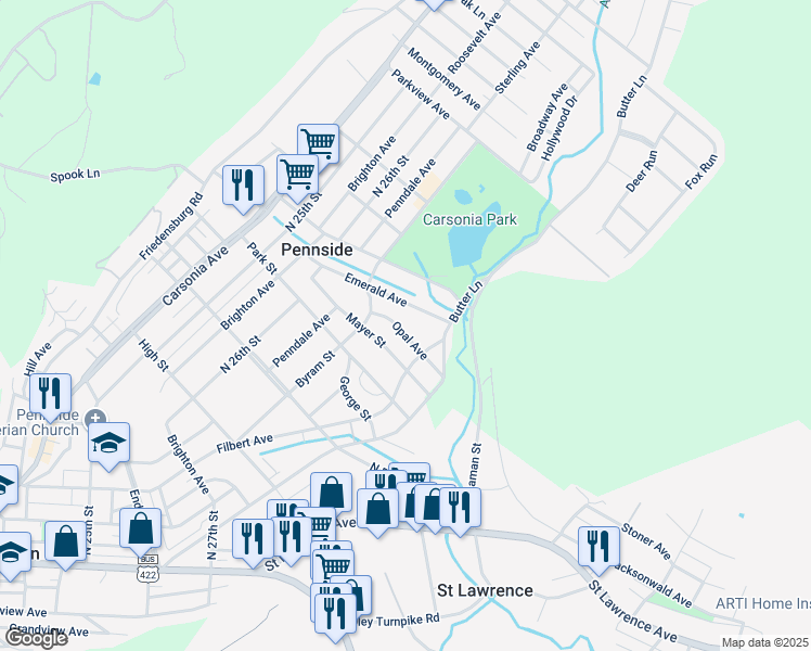 map of restaurants, bars, coffee shops, grocery stores, and more near 211 Opal Avenue in Reading
