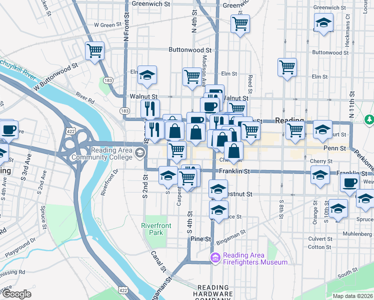 map of restaurants, bars, coffee shops, grocery stores, and more near 4 South 4th Street in Reading