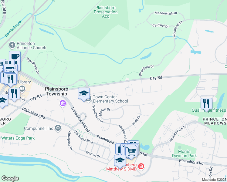 map of restaurants, bars, coffee shops, grocery stores, and more near 29 Holohan Drive in Princeton Meadows