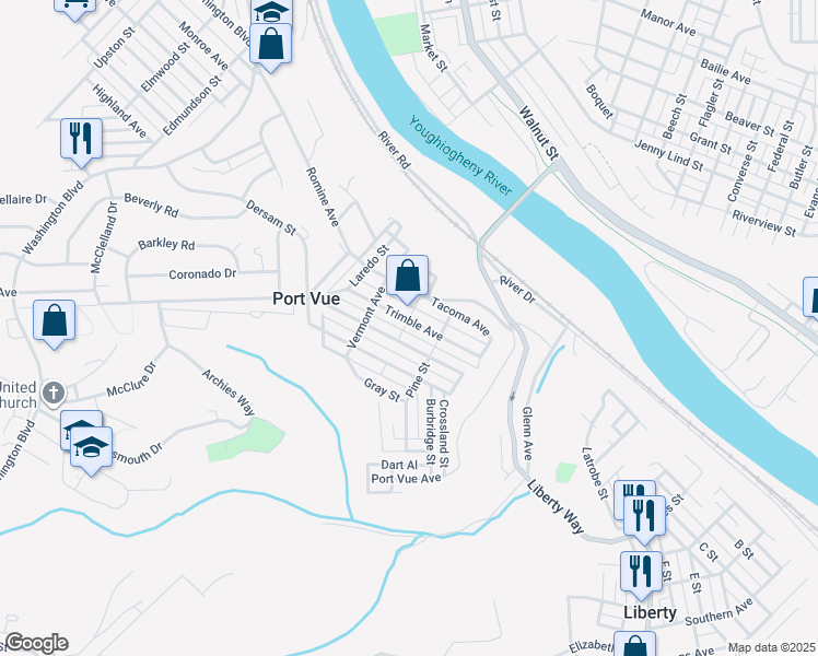 map of restaurants, bars, coffee shops, grocery stores, and more near 1800 Trimble Avenue in McKeesport