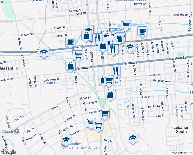 map of restaurants, bars, coffee shops, grocery stores, and more near 252 South 10th Street in Lebanon