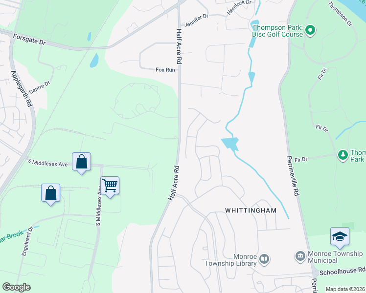 map of restaurants, bars, coffee shops, grocery stores, and more near 33 Sherwood Drive in Monroe Township