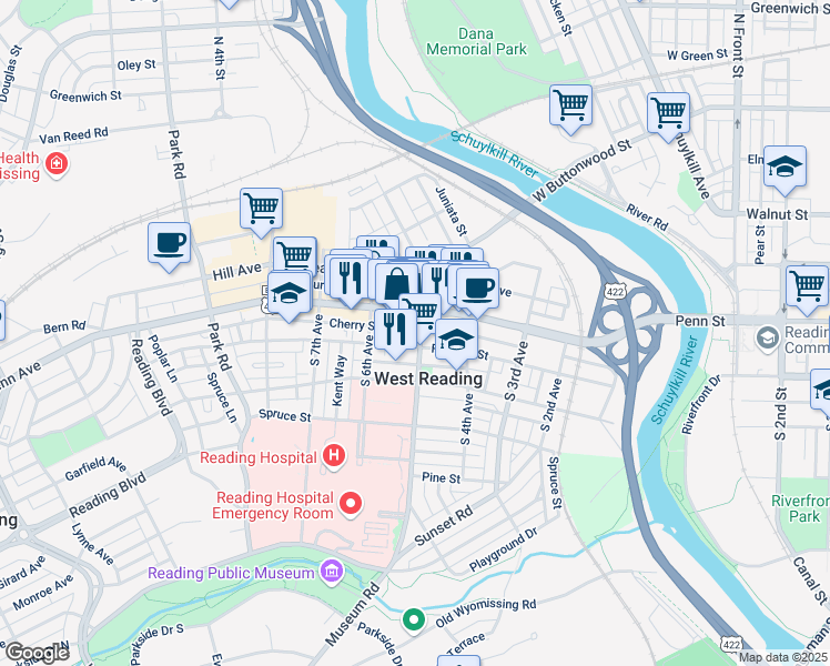 map of restaurants, bars, coffee shops, grocery stores, and more near 504 Cherry Street in West Reading