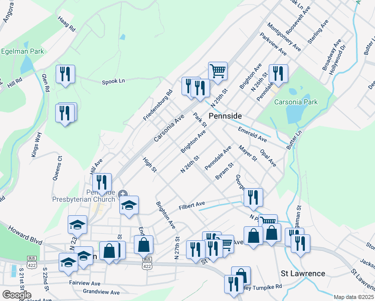 map of restaurants, bars, coffee shops, grocery stores, and more near 601 Brighton Avenue in Reading