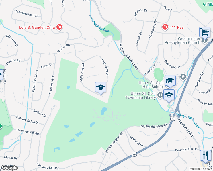 map of restaurants, bars, coffee shops, grocery stores, and more near 1747 Hathaway Lane in Upper Saint Clair