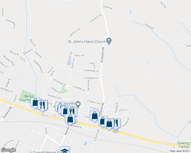 map of restaurants, bars, coffee shops, grocery stores, and more near 157 East College Avenue in Wernersville