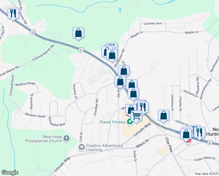 map of restaurants, bars, coffee shops, grocery stores, and more near 30 Bethel Road in Irwin
